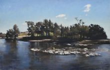 Painting of scene of rocks and trees along the Molonglo River