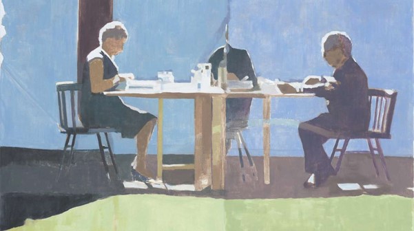 Painting of 3 people having lunch at a cafe with a split in the centre distorting the middle person