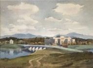 watercolour painting of Kings Ave Bridge Administration Building in 1963