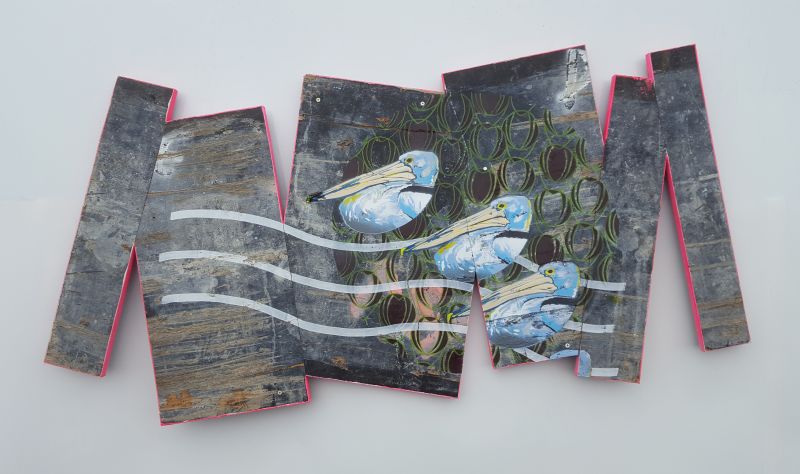 multi panel painting artwork of 3 pelicans