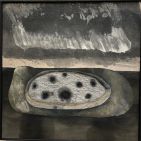 mixed painting and textile artwork of black and grey background with abstract burnt seeds