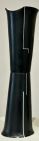 black vase with white geometric line going vertically down the vase
