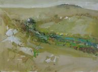 painting of creek nestled in hills