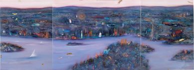 painting of Canberra landscape including the lake during nightfall