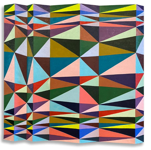 Colourful geometric artwork painting on corrugated surface
