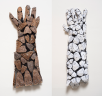 two gloves made up of many embroidered moths - one representing bogong moths and the other representing cabbage moths