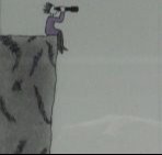 cartoon style print of person sitting on edge with binoculars looking out
