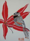 Painting of bird sitting on  a flower with intricate designs - black and red paint