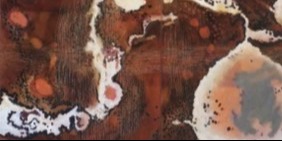landscape artwork, brown background with water style marks in wite across it