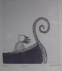 Print of cartoon style sketch of person on boat looking up