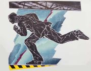 woodcut artwork of man in suit running