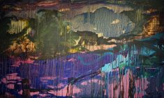 Abstract painting of river with colours dripping down the canvas