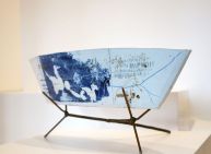 porcelain sculpture shaped like a boat with plans for ACT painted ontop