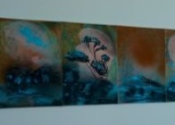 Multi panel painting of trees and abstract scenes