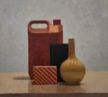 painting of red container, yellow vase, and  a couple rectangle objects