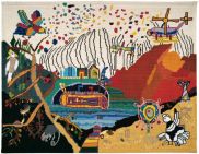 tapestry of artists impression of canberra in the future featuring flying machines etc
