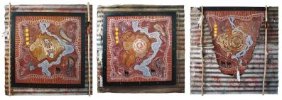 3 panel artwork using corrugated iron, barbed wire, feathers, paint. Each image getting progressively more peaceful and connected