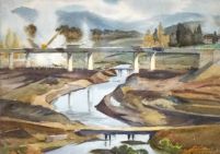 Watercolour painting of Commonwealth Ave Bridge Under Construction 