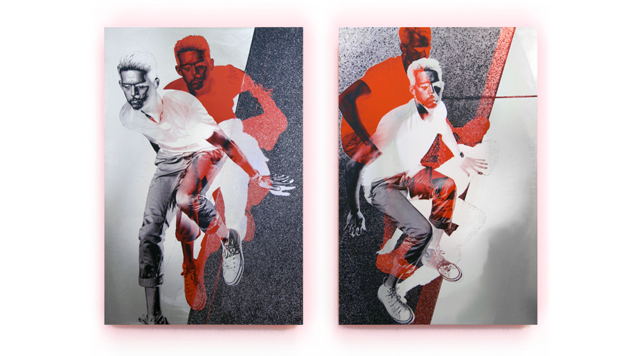 Painting on to metal panels of man dancing