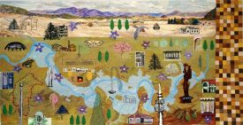 Tapestry of various landmarks in the ACT including parlaiment house, telstra tower, as well as local animals and plants