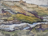 Painting of a stream through a hillside