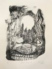 abstract lithograph showing feathers and creatures