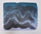 blue/purple painting with black waves painted over the top